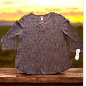Hearts of Palm Woman 1X Brown Textured Ring Detail 3/4 Sleeve Top NWT $52‎